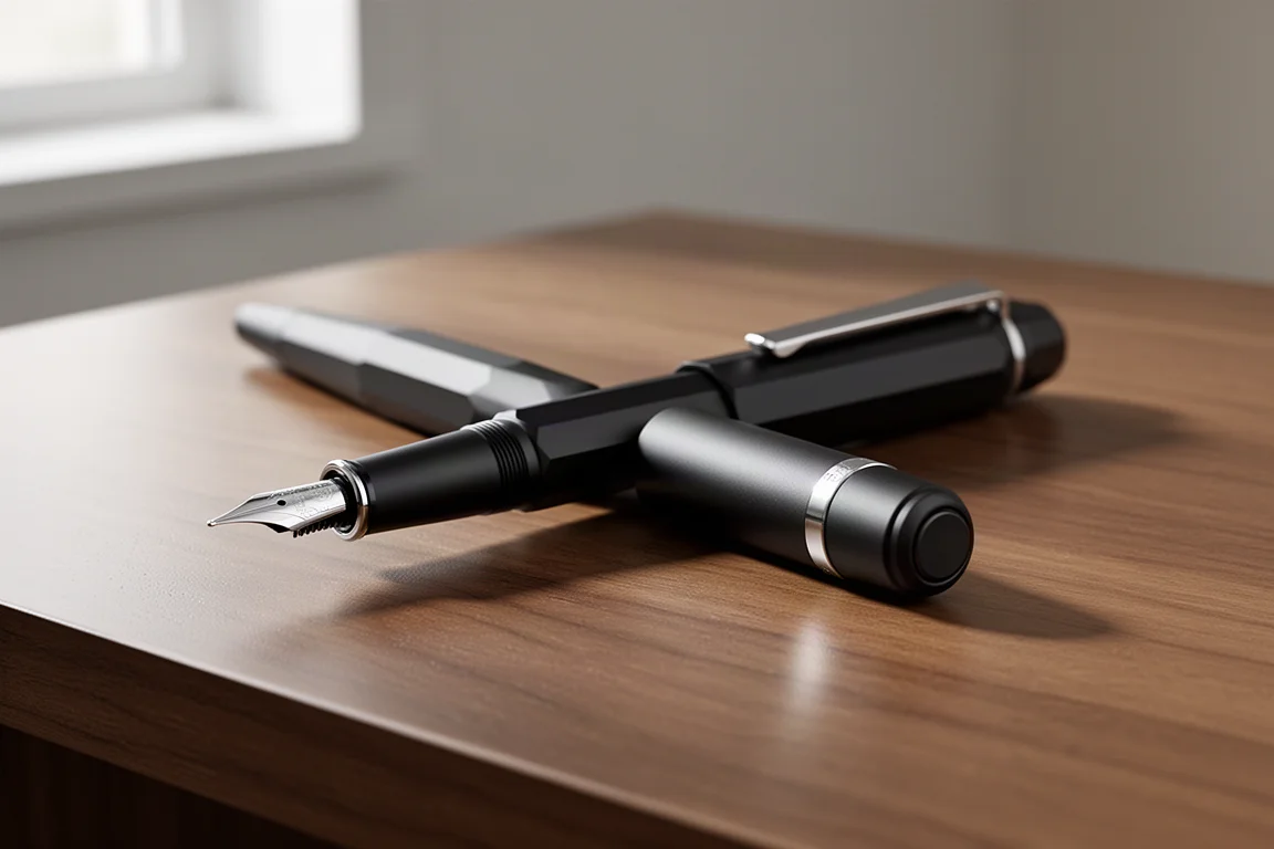 Matte black retractable nib fountain pen uncapped on a wooden desk