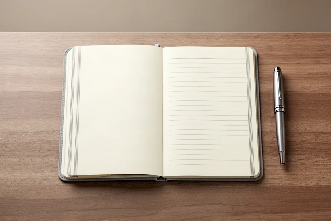 Open A5 notitieboek dat plat ligt met een vulpen die schrijft op glad wit papier