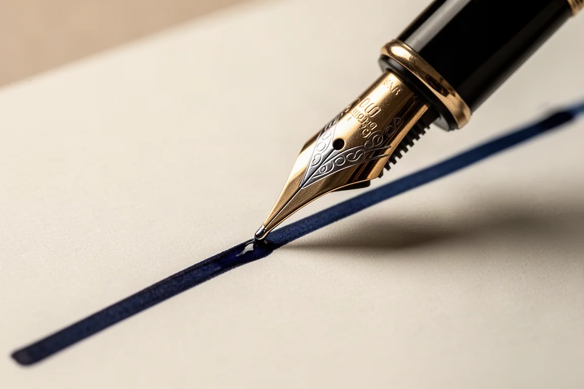 Vulpenpen middenin een schrijfbeweging op gelinieerd papier met schone inktlijnen