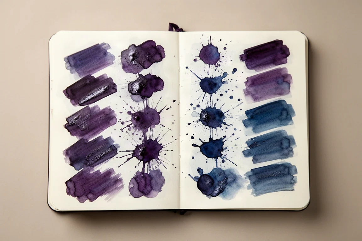 Inktstalen en forse inkttoepassing op een pagina van het notitieboek met glans en shimmer