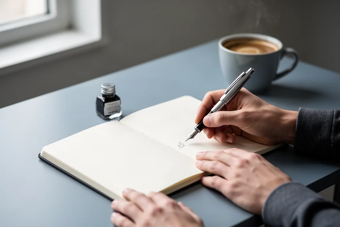 Persoon dat schrijft in een A5 notitieboek aan een nette bureau in zacht daglicht