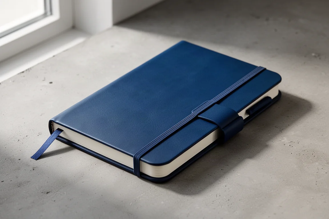 Quaderno Endless Recorder A5 Deep Ocean con copertina in similpelle blu su superficie di cemento