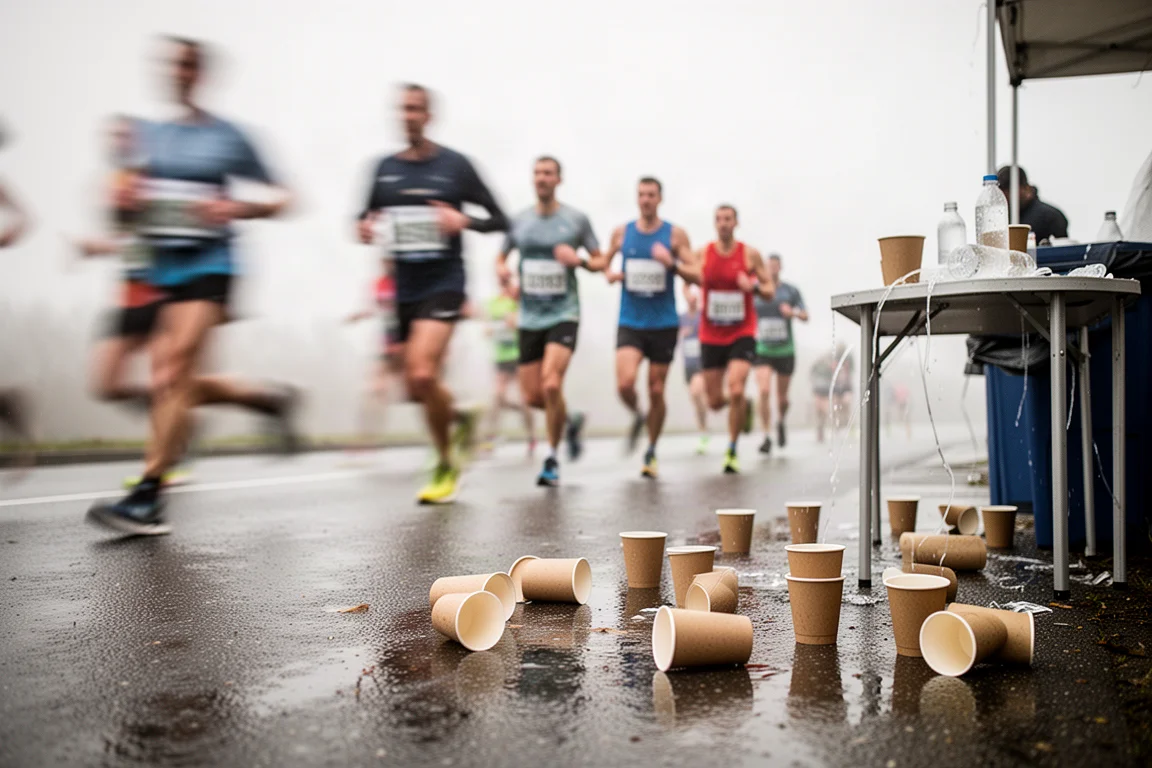 Biegacze mijający punkt nawodnienia podczas maratonu