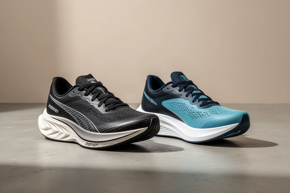 Two carbon-plated marathon racing shoes side by side on a concrete surface