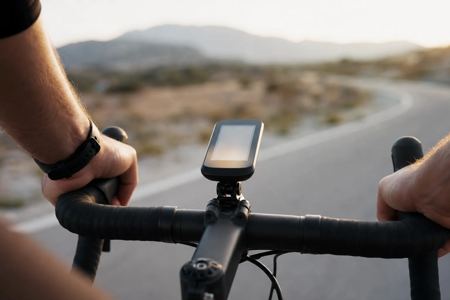 Cyclist examining a bike computer mounted on handlebars during a ride
