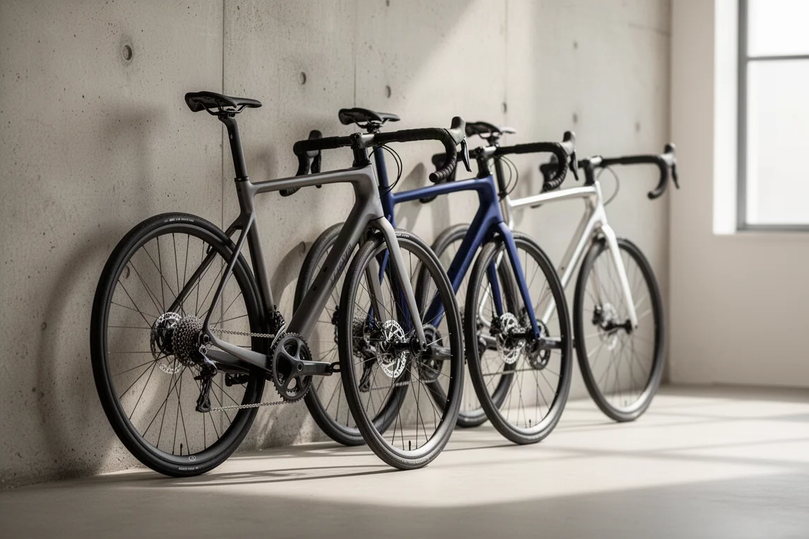 Three endurance road bikes lined up on a concrete floor against a pale grey wall