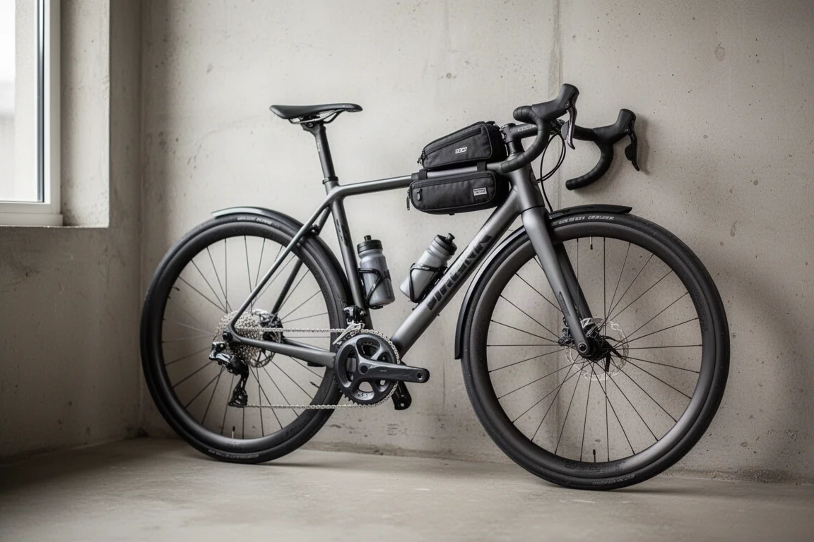 Bici de carretera endurance con guardabarros, bolsa de tubo superior y dos portabidones contra una pared