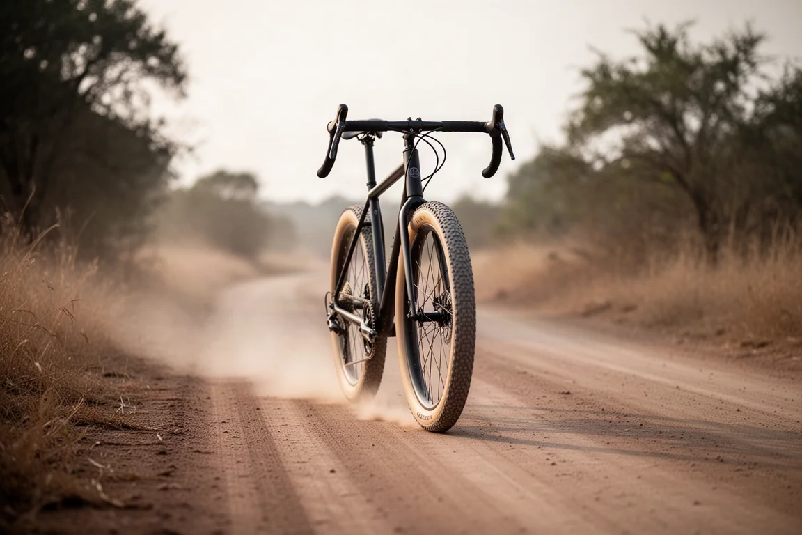 Bici de manillar drop con neumáticos anchos rodando por un camino de tierra liso y acondicionado