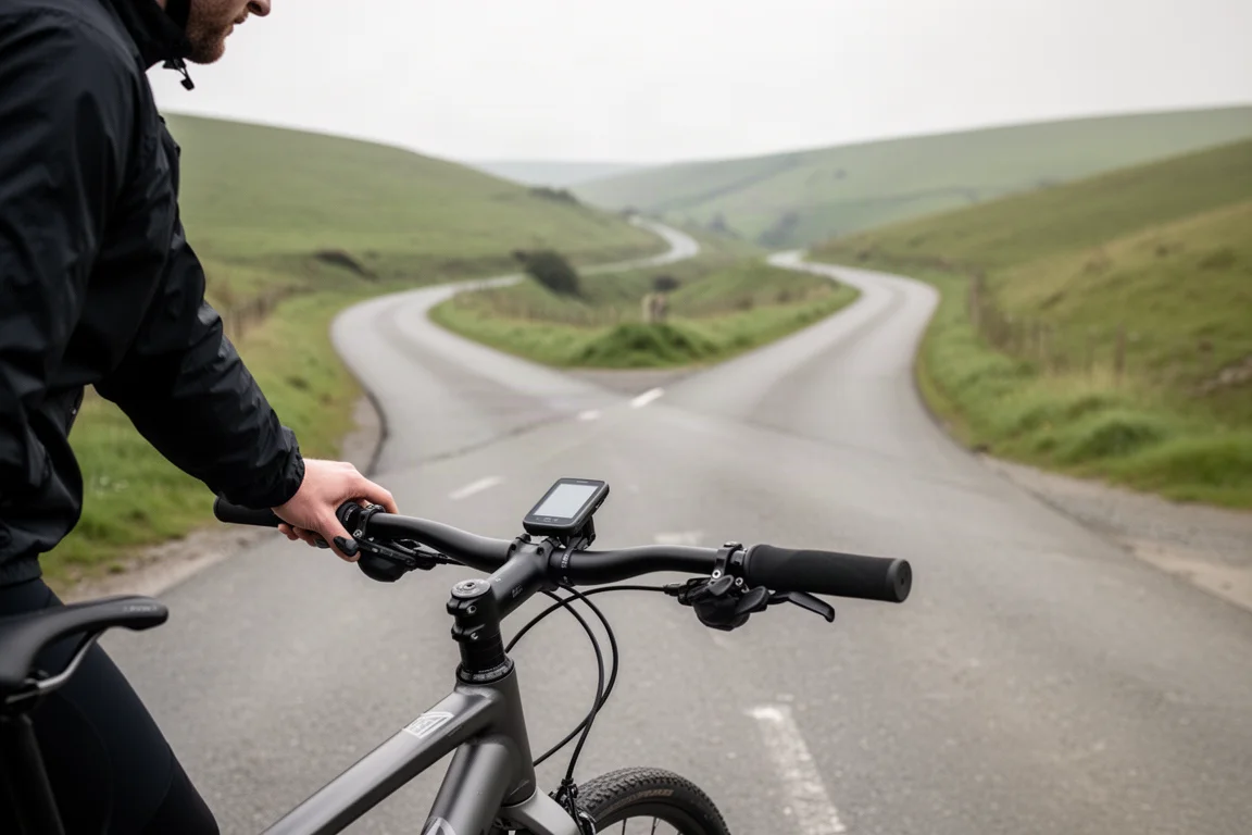 Ciclista detenido en una bifurcación de camino rural consultando una ruta en un ciclocomputador