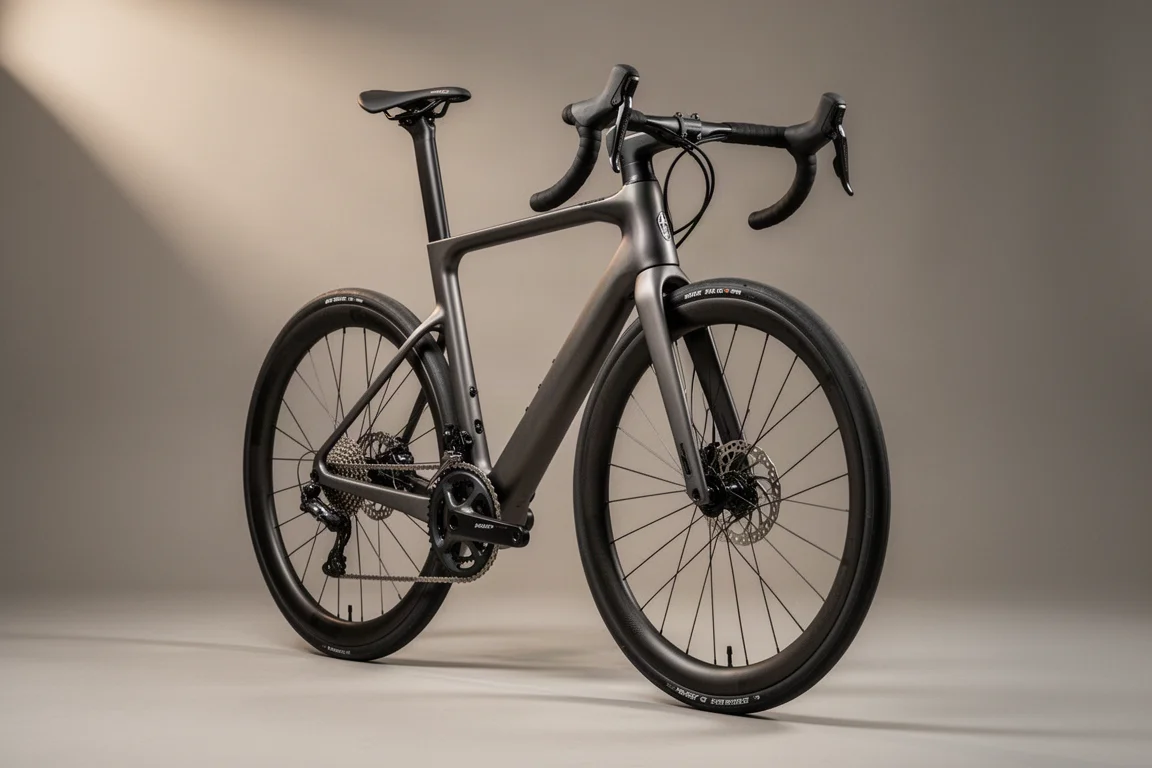 Endurance-wegfiets met brede banden en een hoge balhoofdbuis tegen een neutrale grijze achtergrond