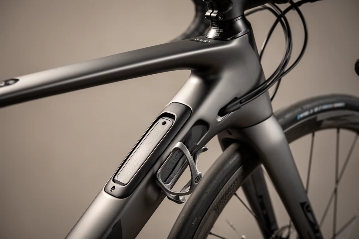 Close-up of a matte charcoal carbon road frame showing integrated down tube storage