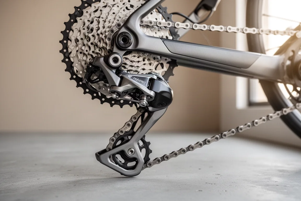 Electronic road rear derailleur and wide-range cassette lit by soft window light