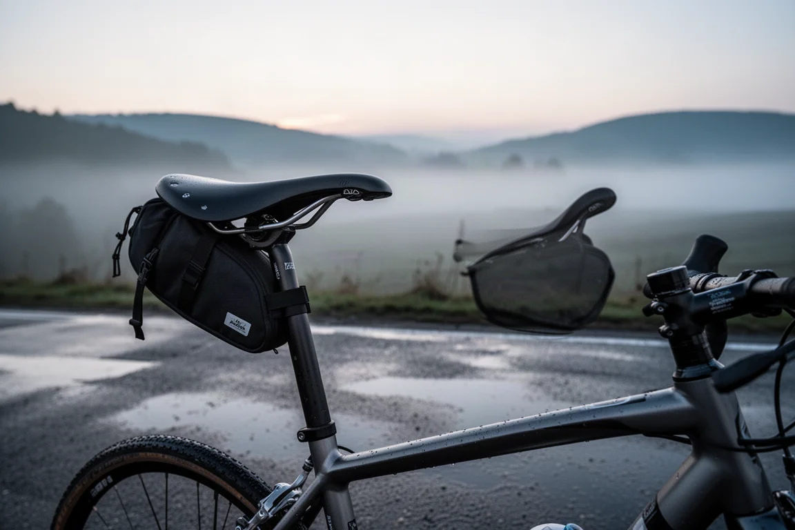 Curved black endurance saddle on a seat post at dusk on wet tarmac