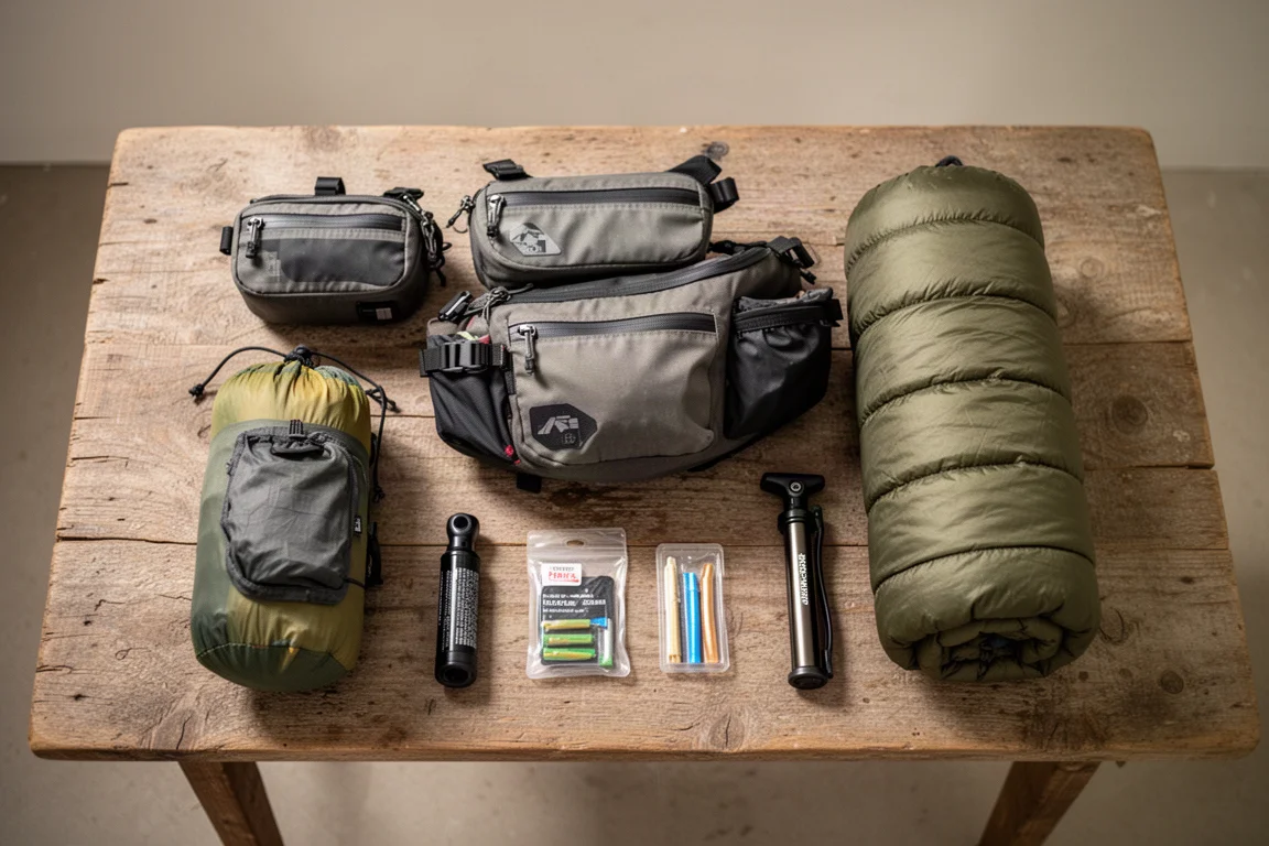 Overhead flat-lay of bikepacking luggage and sleep kit on a wooden table