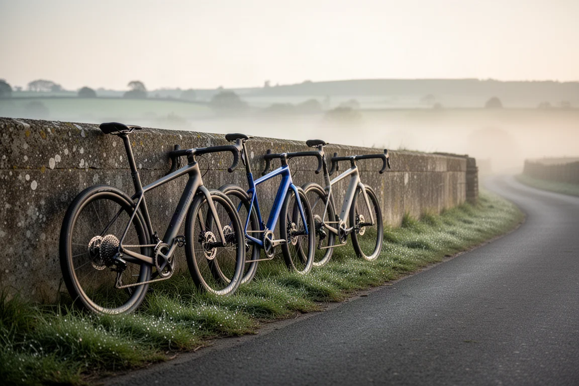 Drie endurance-racefietsen leunen tegen een betonnen muur op een landweg bij zonsopgang