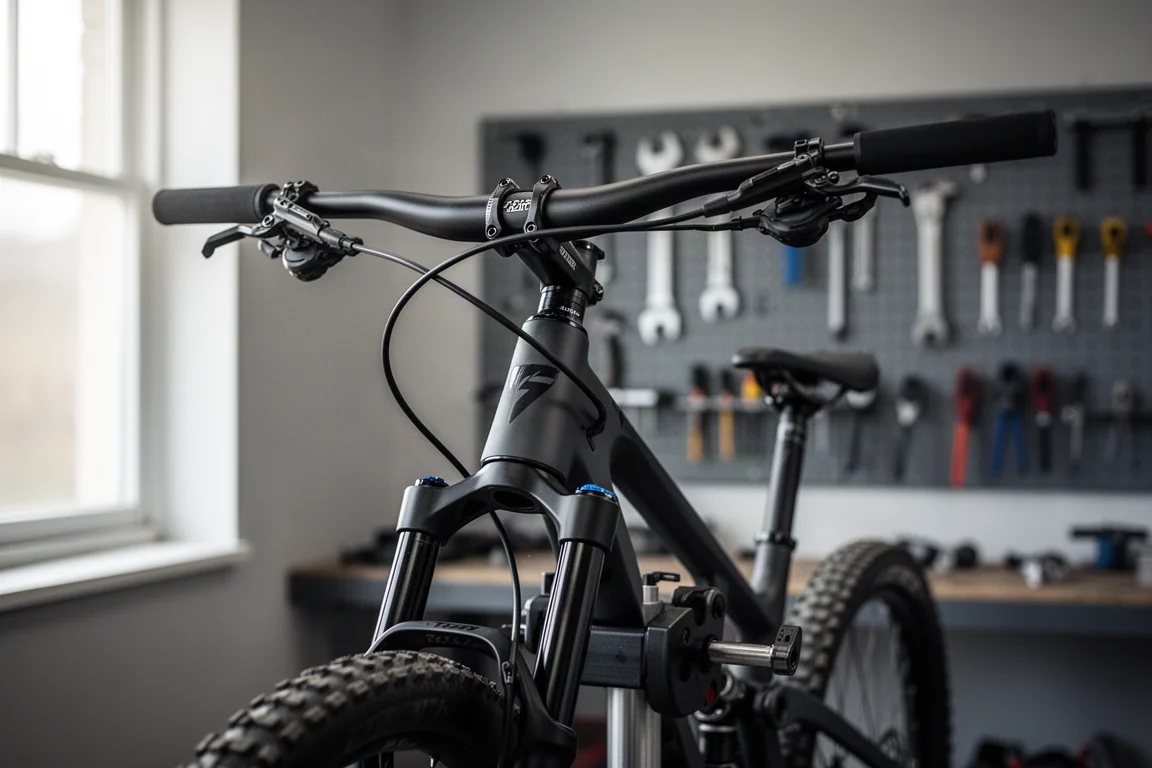 Primo piano dal basso del cannotto di sterzo e della forcella di una mountain bike in officina