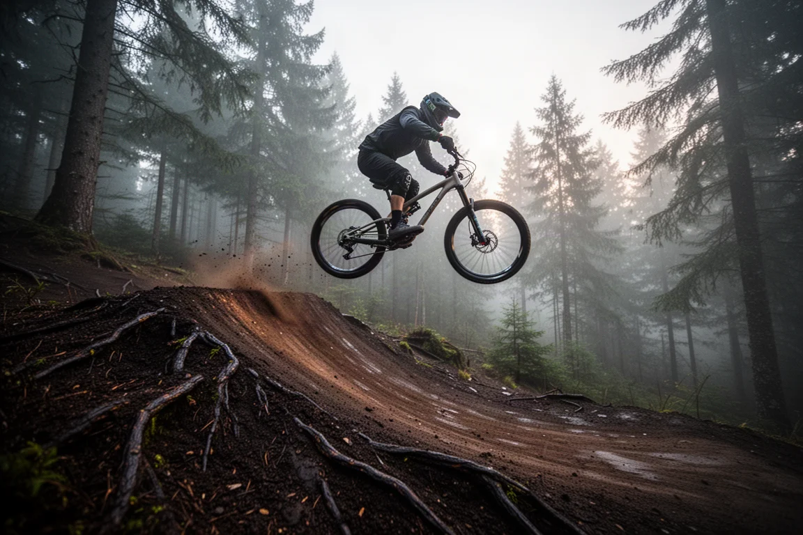 Mountain biker in aria dopo un salto su una black run nel bosco bagnato al crepuscolo