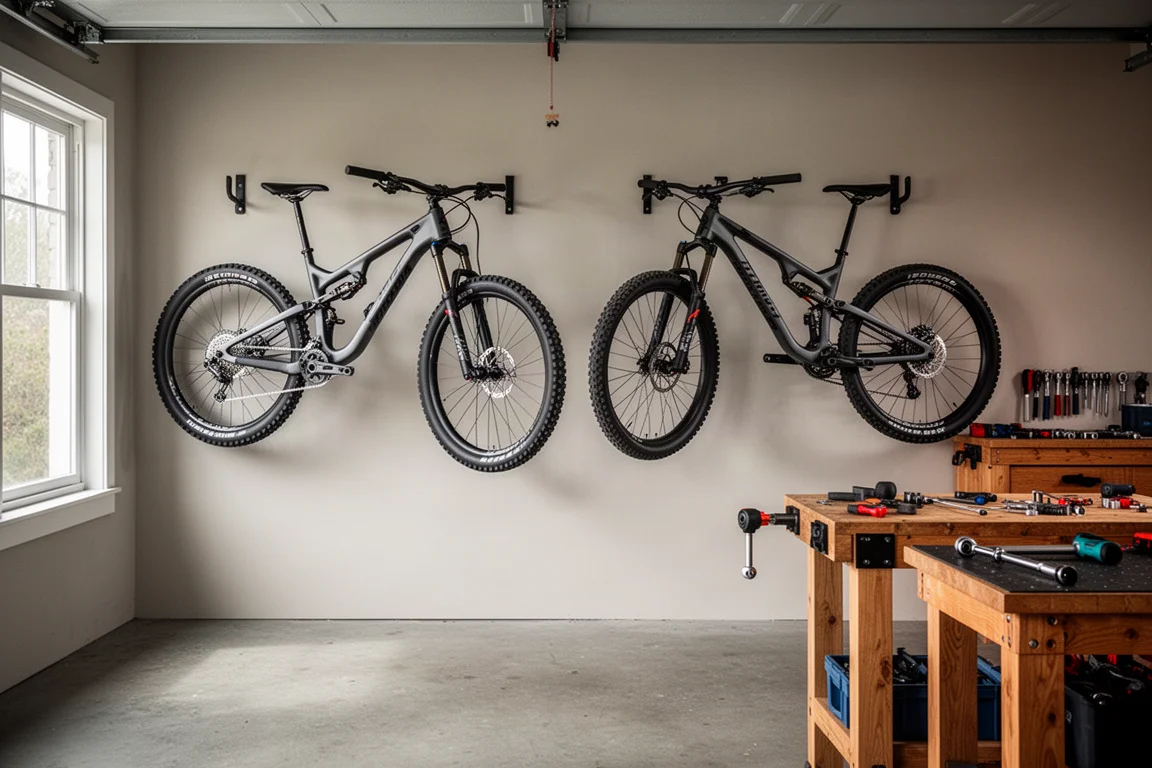 Mountain bike appese in un'ordinata officina domestica in garage