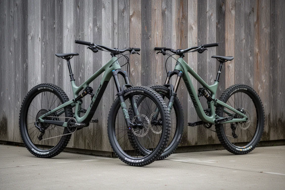 Zwei vollgefederte Mountainbikes nebeneinander in einem Bikepark