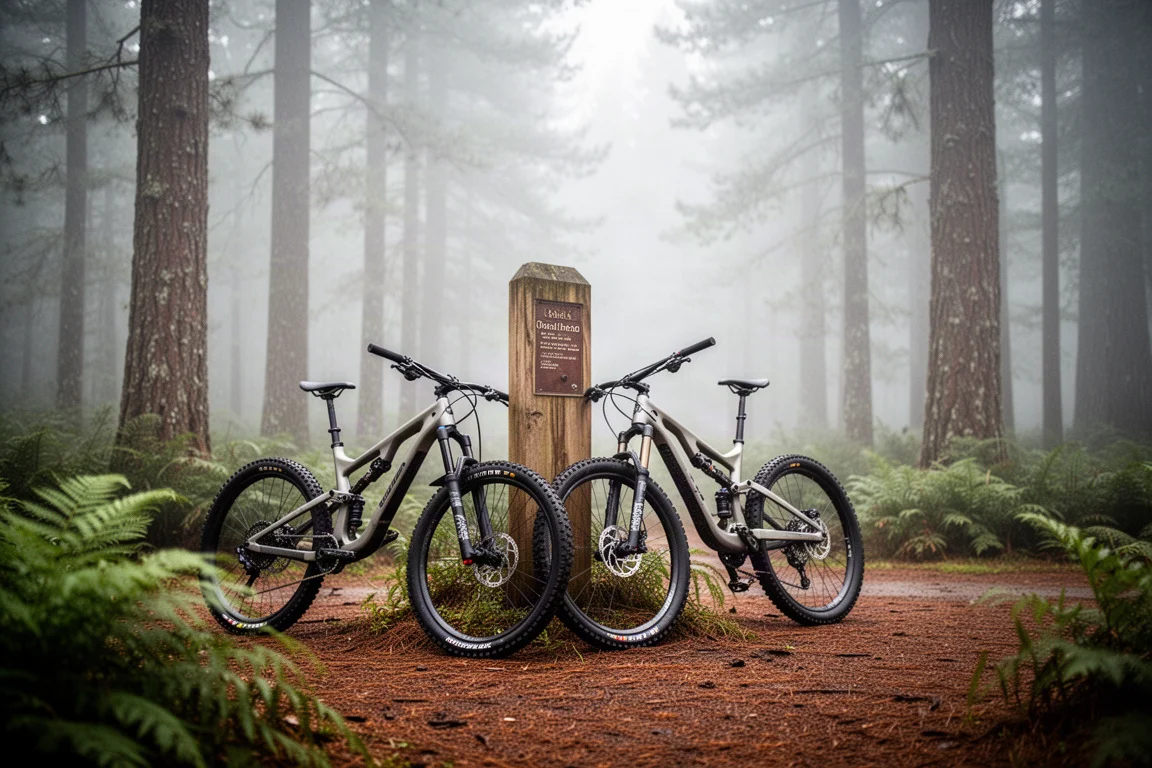 Due mountain bike full-suspension appoggiate a un palo di legno all'ingresso di un sentiero nel bosco avvolto dalla nebbia