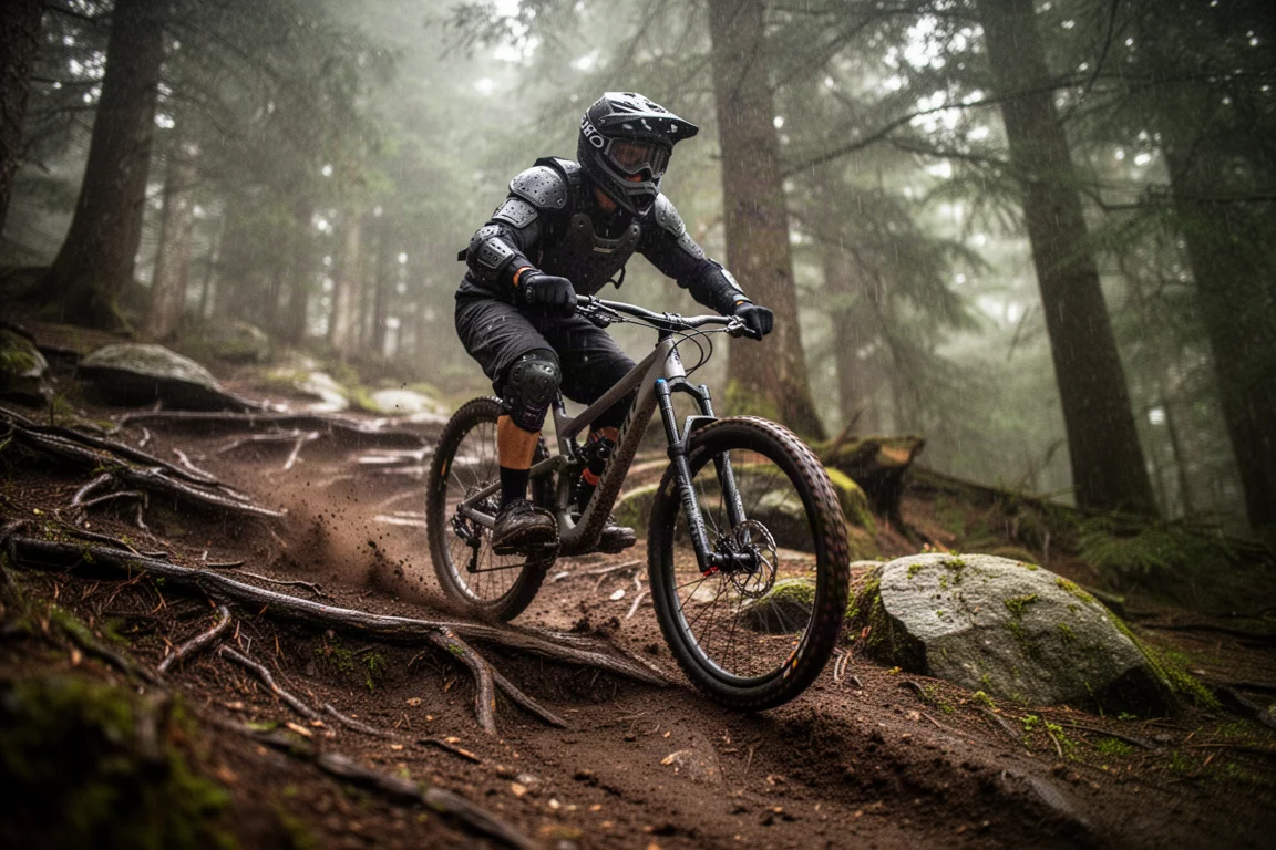 Mountain biker con casco integrale che scende lungo una ripida discesa piena di radici nel bosco