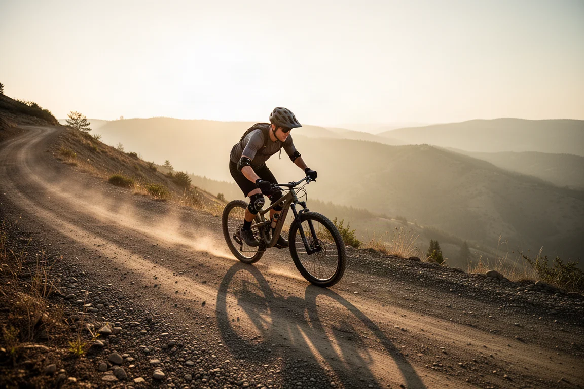 Mountain biker che sale su una ripida strada sterrata all'alba con le colline sullo sfondo