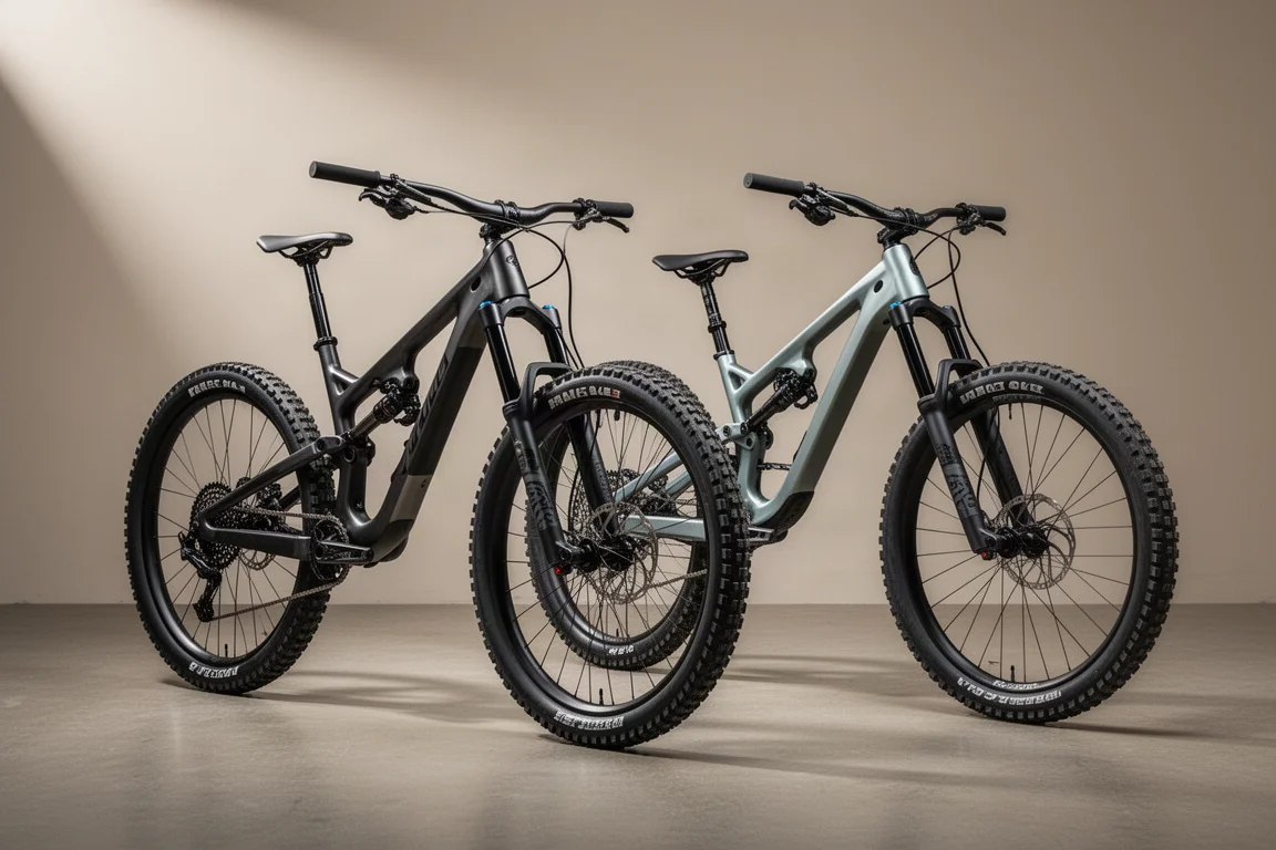 Enduro- und Downhill-Mountainbikes nebeneinander auf neutralem Betonboden