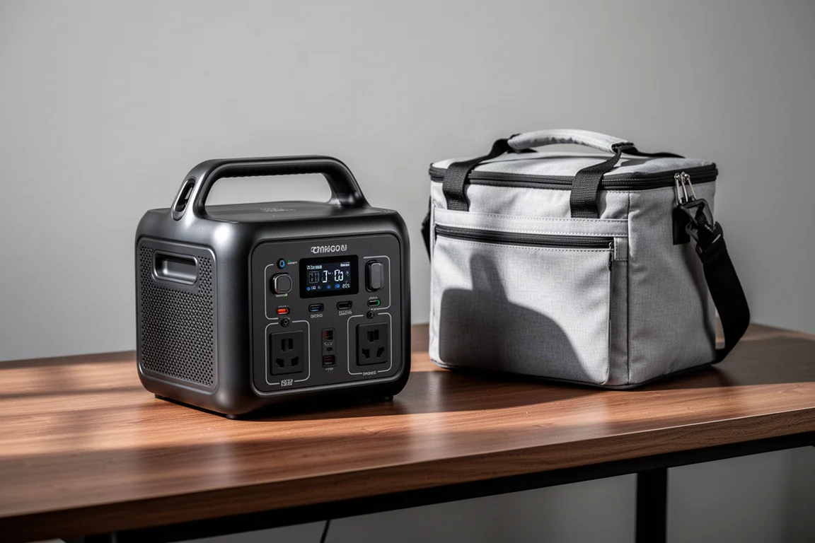 Central eléctrica portátil sobre una mesa de madera junto a una bolsa de almacenamiento tipo nevera