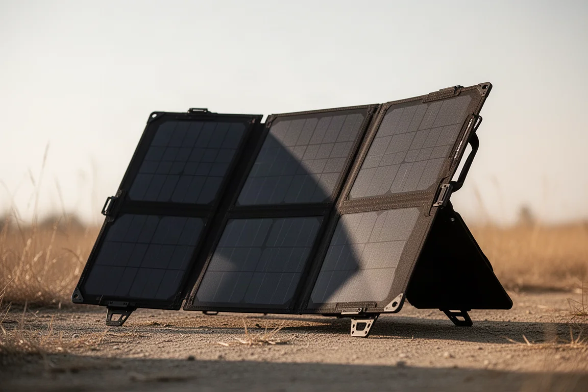 Estuche de panel solar plegable con soportes desplegados al aire libre con luz natural intensa
