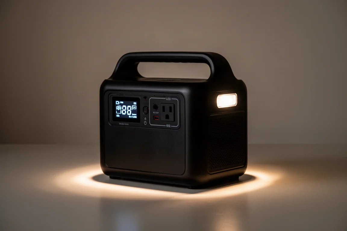 Central eléctrica portátil iluminada con su luz LED integrada encendida en una habitación a oscuras