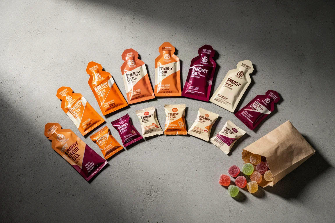 Tien verschillende energygels zonder merk en een papieren zak snoep op beton