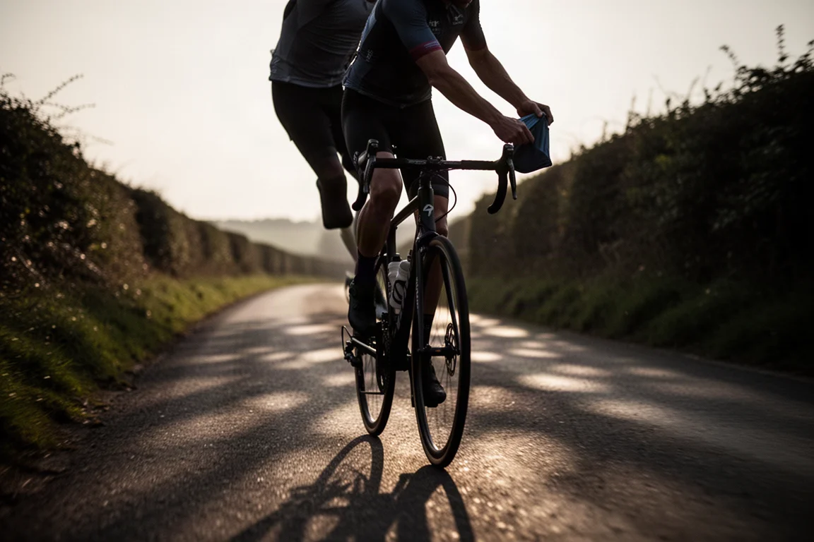 Road cyclist on an open country lane reaching toward a jersey pocket in low afternoon light