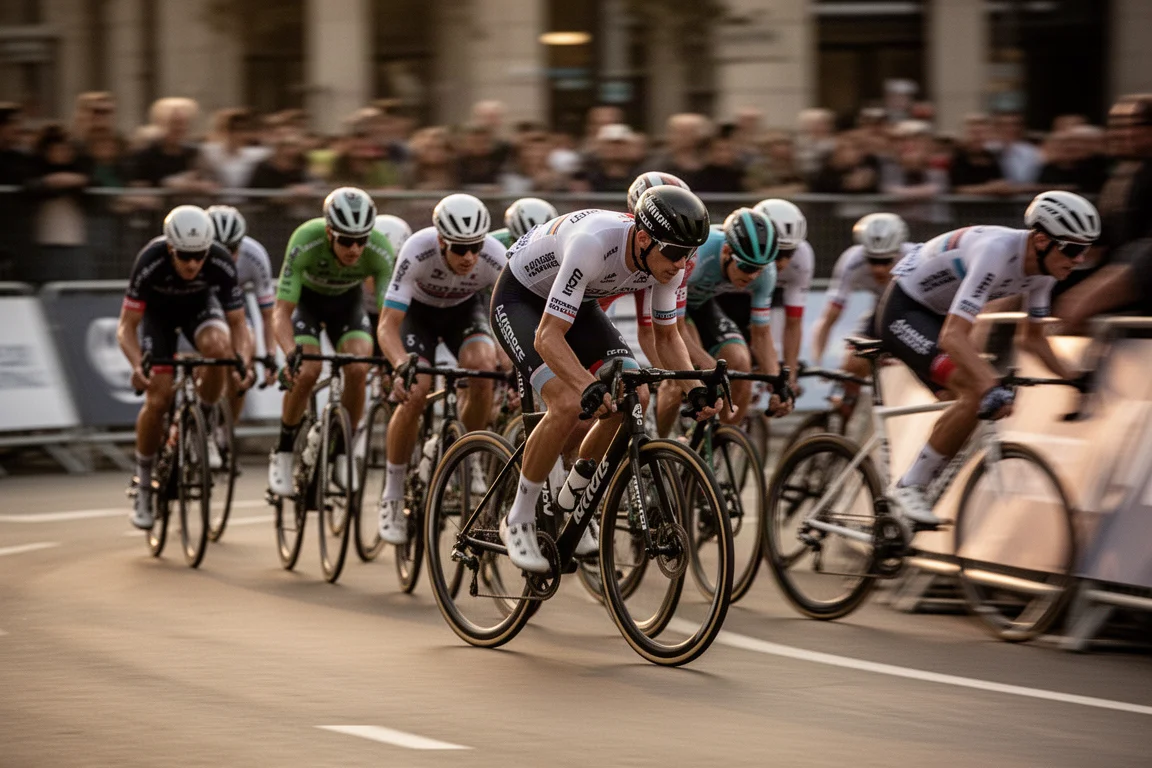 Tight pack of cyclists cornering through a city centre criterium circuit at golden hour
