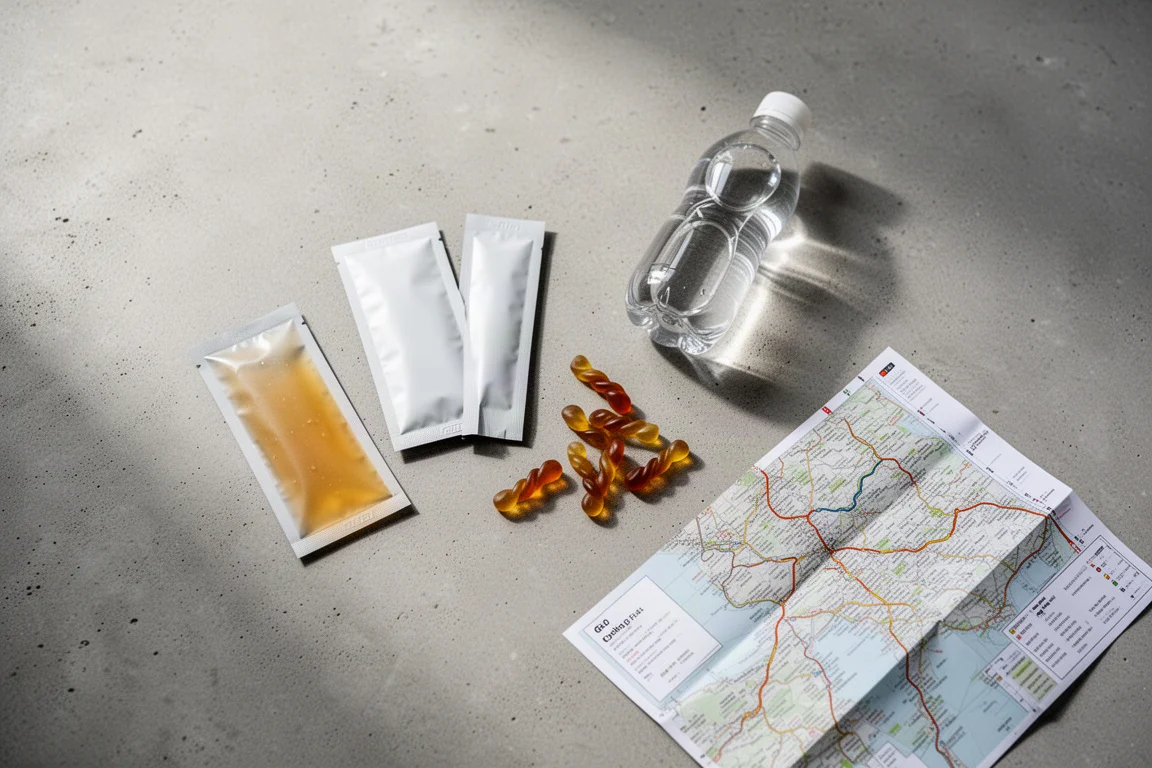 Overhead flat lay of gel sachets, a water bottle, gummy sweets and a route map on concrete