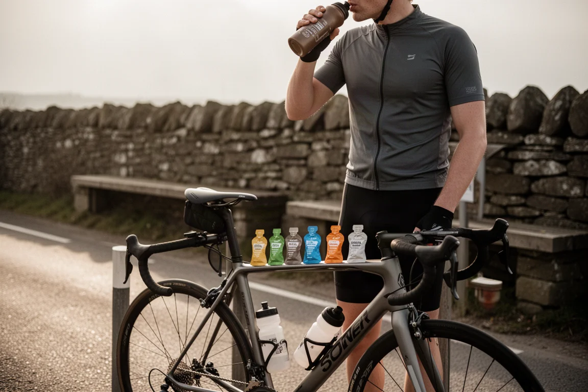 Cyclist drinking from a bottle at a roadside stop with gel sachets along the top tube