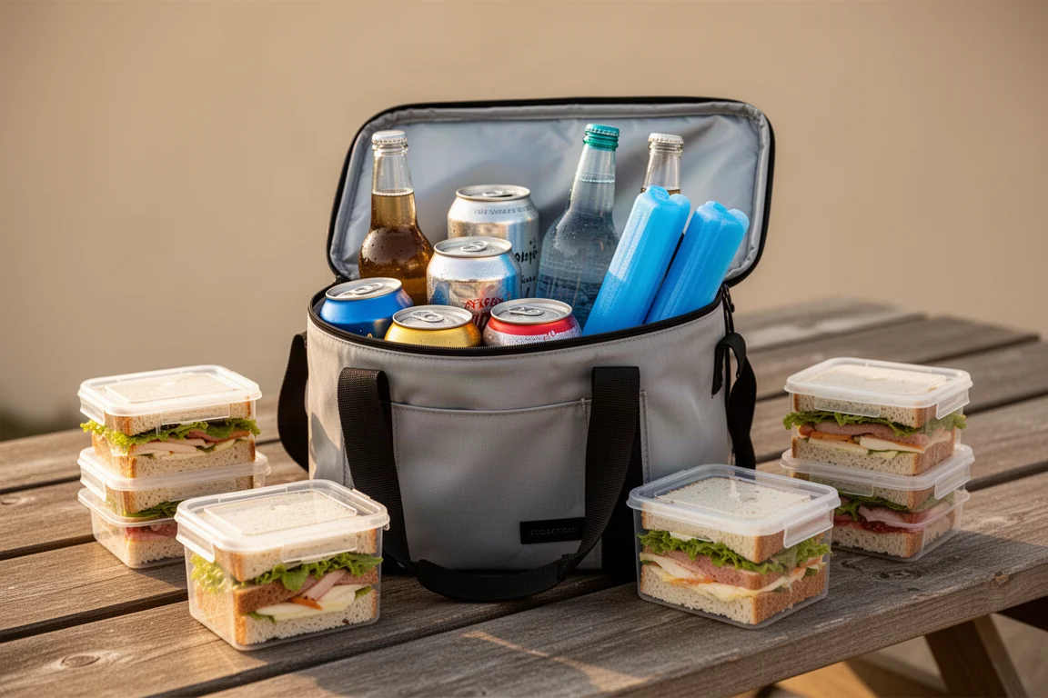 Weiche Kühltasche gefüllt mit Getränken und Kühlakkus auf einem Picknicktisch