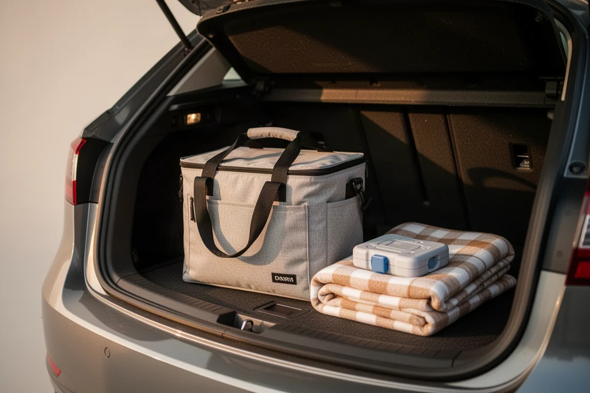 Weiche Kühltasche im Kofferraum eines Autos neben Picknickausrüstung für einen Tagesausflug