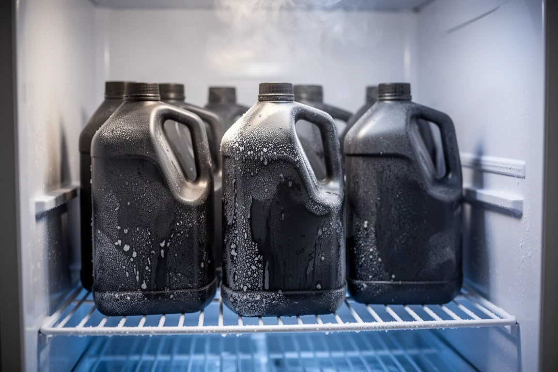 Recipientes de óleo cobertos de gelo em um freezer profundo, brilhando com luz azul fria