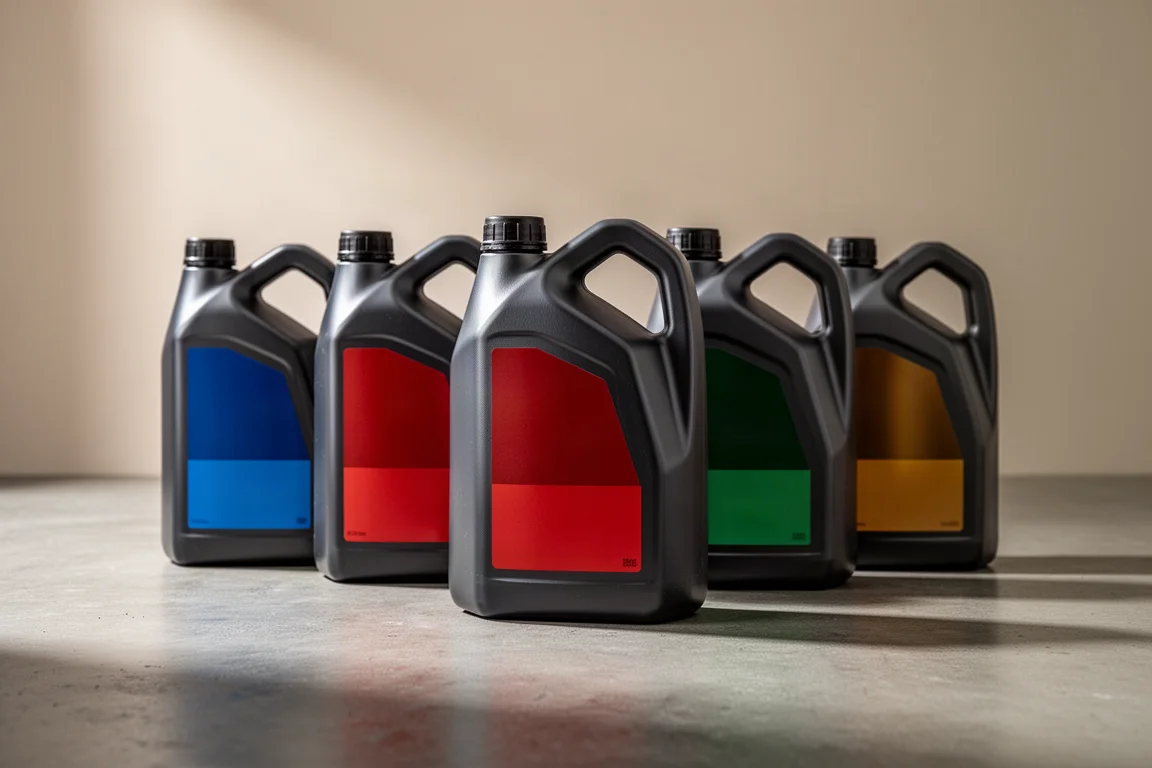 Six motor oil bottles arranged in a row on a concrete surface