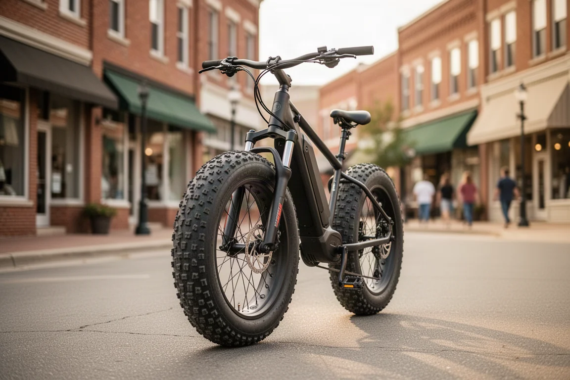 Fat tire e-bike rolling through a small downtown street with shopfronts in soft daylight