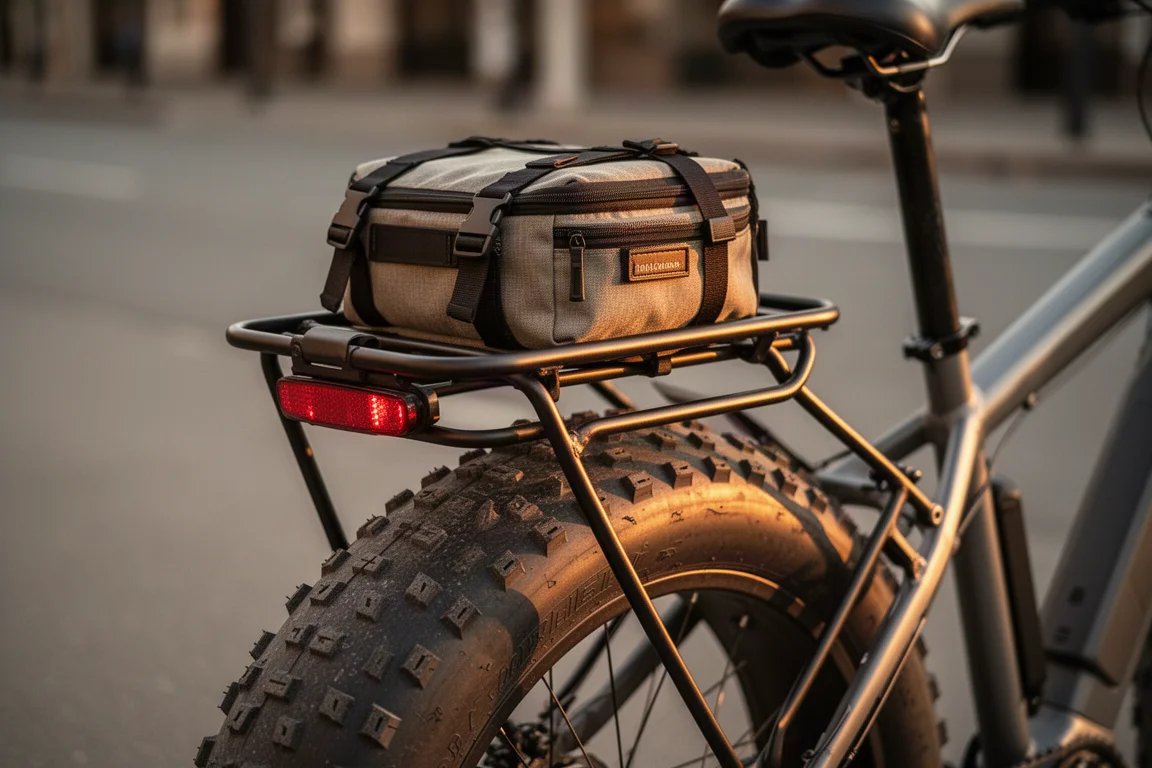 Rear rack on a fat tire e-bike loaded with a small bag in golden evening light