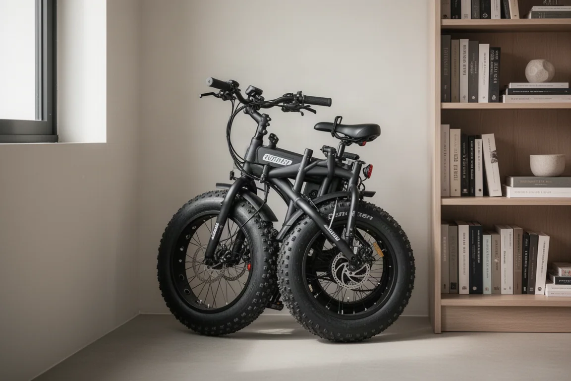 Folded fat tire e-bike standing in an apartment corner beside a bookshelf