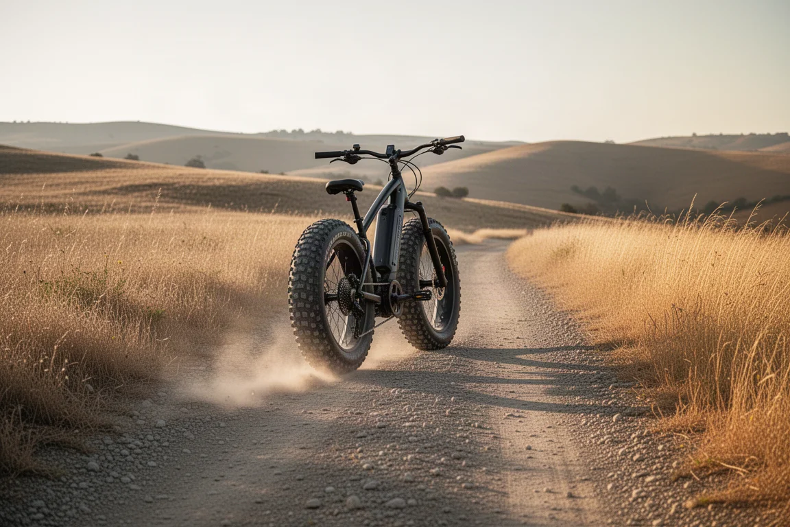 Fat tire e-bike climbing a gravel trail in dry open hill country