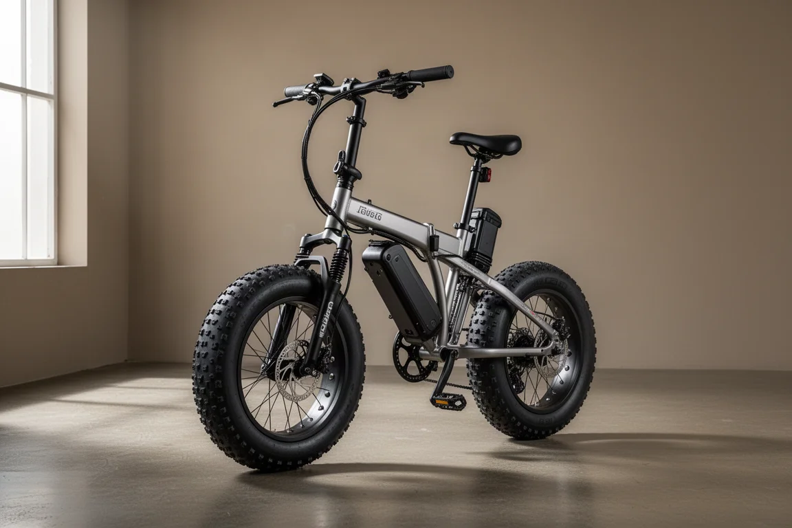 Folding fat tire electric bike with full suspension on a concrete studio surface
