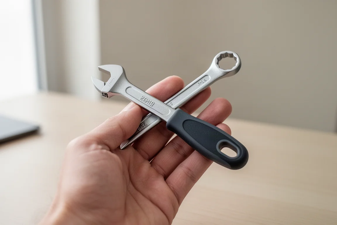 Llave ajustable compacta sostenida en la mano mostrando las mandíbulas finas y el recorte del mango