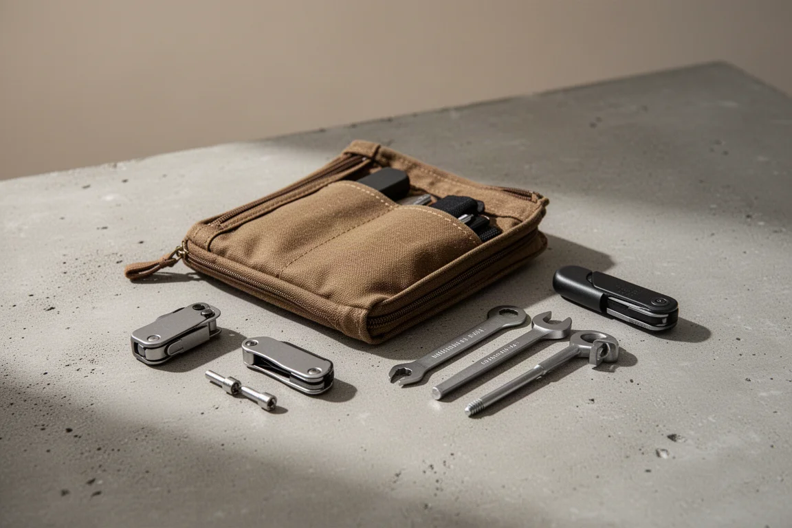 Bolsa de uso diario con herramientas compactas extendidas sobre una mesa