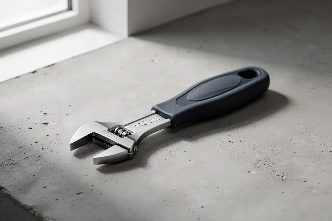 Compact adjustable wrench with thin jaws and dark handle on concrete surface