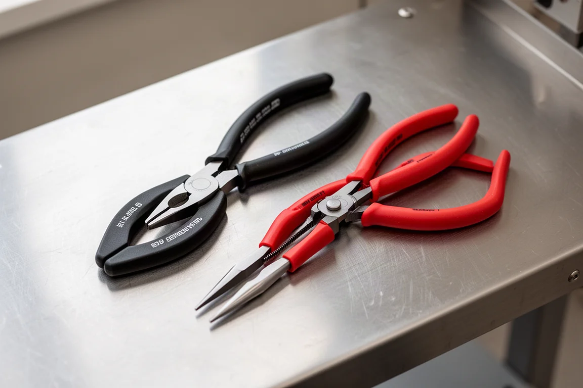 Deux pincers côte à côte sur un établi d'atelier en cours de comparaison