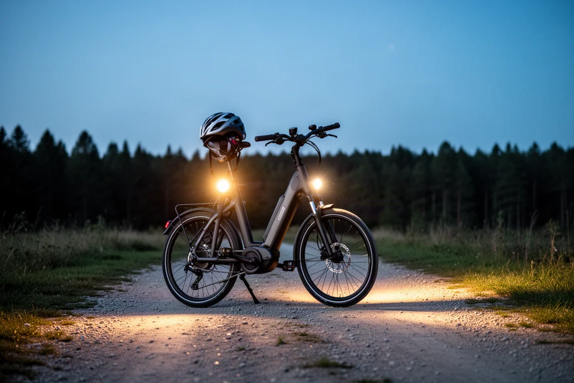 Elektrische fiets geparkeerd bij een trailhead in de schemering met de voorlichten aan