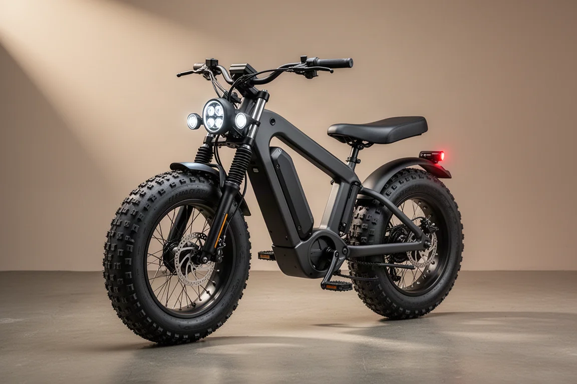 Elektrische fiets met dikke banden en motorfietsframe met dubbele voorlichten op beton